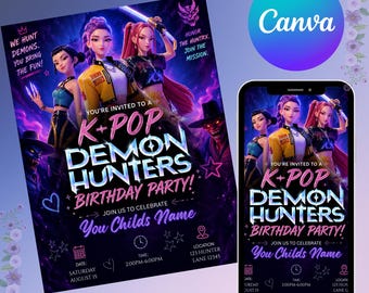 Convite de aniversário de caçador de demônios K-pop | Convite para festa de anime neon