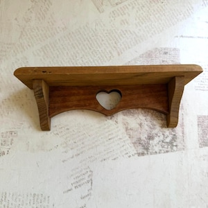 Vintage Petite Wooden Wall Shelf with Heart Cutout | Rustic Farmhouse Country Cottagecore Style | Small Wood Trinket Display Ledge