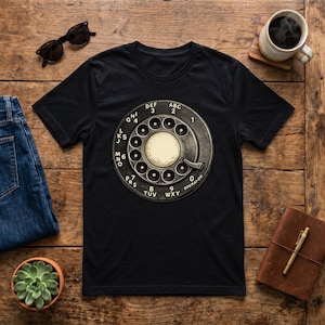 May include: Black t-shirt with a retro rotary phone dial graphic. The dial is grey with black numbers and letters, including "ABC", "DEF", "GHI", "JKL", "MNO", "PRS", "TUV", and "WXY". The shirt is on a wooden surface.