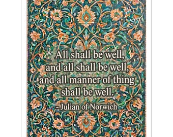 Julian of Norwich Quote Wall Art, All Shall Be Well Print, Green and Pink Mosaic Fine Art Poster, Christian Home Decor, Spiritual Gift