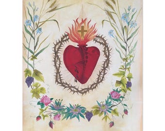 Sacred Heart of Jesus Original Vintage Style Print | Gift for Altar or Meditation Room | Gift for Catholic
