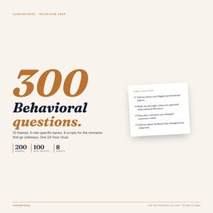 May include: A beige graphic with the text "300 Behavioral questions." and "CareerForge Interview Prep." The graphic includes a list of sample interview questions and details about themes, banks, and scripts for interview preparation.