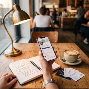 May include: A wooden table in a cafe setting with a brass desk lamp, a smartphone displaying a LinkedIn profile, a notebook, a pen, business cards, and a cup of coffee with latte art. The notebook contains handwritten notes.
