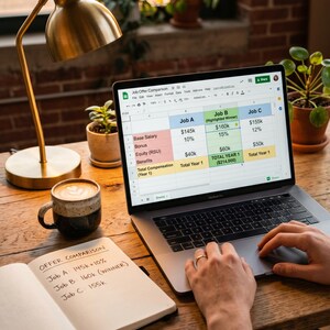 May include: A laptop displaying a job offer comparison spreadsheet sits on a wooden desk. A notebook with handwritten notes and a coffee mug are nearby. A gold desk lamp and potted plants add to the workspace.