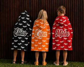 Personalized Kids Halloween Hooded Towel Poncho Custom Name Bat Beach Pool Spooky Season Gift