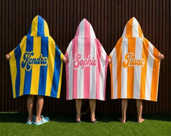 Personalisierte Kinder Kapuzenhandtuch Name gestreift Strand Pool Poncho Jugend Geschenk weich