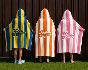 Personalized Kids Hooded Towel Custom Name Striped Beach Pool Poncho Youth Gift Soft
