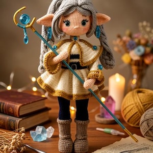 Op de afbeelding: Handgemaakte gehaakte elfpop met grijs haar, gekleed in een crèmekleurige jurk met gouden rand en een zwarte riem. De pop houdt een blauw en gouden staf vast. De pop heeft blauwe oorbellen en draagt bruine laarzen.