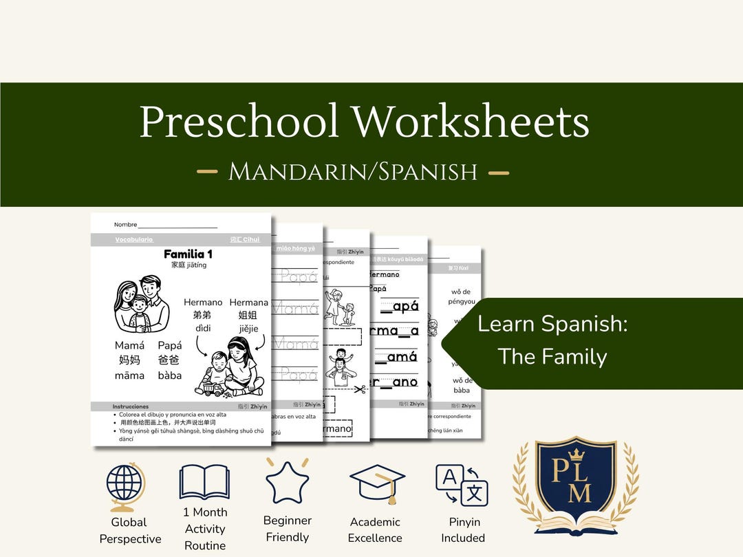 The Family |chinese + Spanish Kids Worksheets| Learn Languages Children