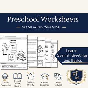 May include: Preschool worksheets for learning Spanish greetings and basics, with Mandarin translations. The image shows a stack of worksheets with illustrations and text in both languages. Includes a logo and icons.