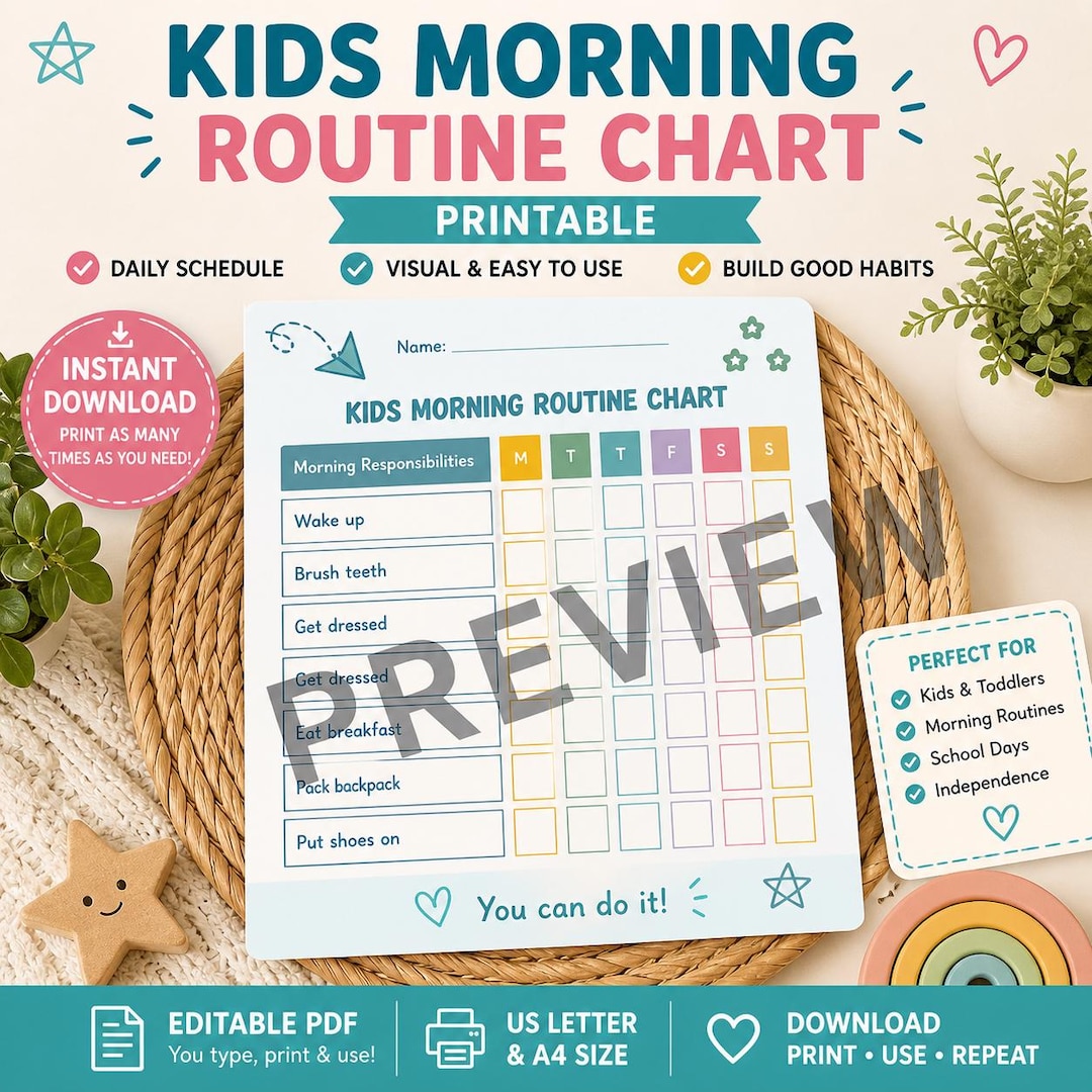 Kids Morning Routine Chart Printable, Toddler Morning Checklist, Daily ...