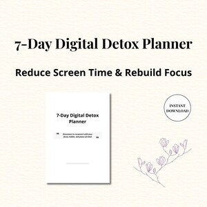 以下が含まれることがあります： 「7-Day Digital Detox Planner」と「Reduce Screen Time & Rebuild Focus」のテキストが入ったデジタルプランナー。引用句、花のイラスト、そして「Instant Download」のバッジが含まれています。