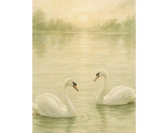 Watercolor Swans Print, Serene Lake Landscape, Vertical Gallery Wall Art