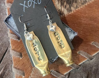 Personalized .223 Brass Casing Earrings with Heart Charm | Hand Stamped Initials, Names, Dates |  Rustic Bullet Earrings, Western Jewelry,