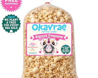 Okavrae™ Sweet Possum™ Kettle Corn | Marshmallow & Vanilla White Chocolate | Large 15-18 Cups | Compostable Packaging