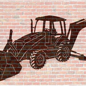 May include: A brown metal silhouette of a backhoe loader, mounted on a brick wall. The backhoe features a bucket, wheels, and a cab. The image is a decorative piece, suitable for construction or vehicle enthusiasts.