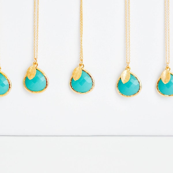 Fiji--Aquamarine Pendant with a Gold Leaf, Simple Gold Necklace, Bridesmaids Gifts, Wedding gifts, Mother's Day Gifts