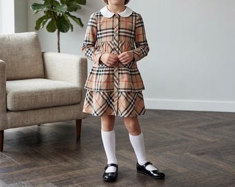 Authentieke Burberry vintage geruite kinderjurk – gelaagd katoen, Peter Pan-kraag (maat 5-6 jaar)