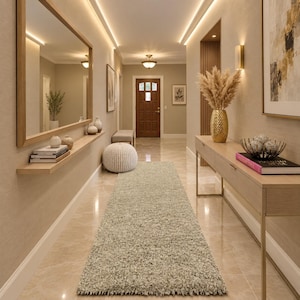 May include: A hallway interior featuring a long light-coloured runner rug, a wooden console table with a gold vase of dried pampas grass, a wall-mounted wooden shelf with books and vases, a large rectangular mirror, and a white knitted ottoman.