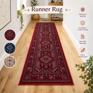 May include: A long rectangular runner rug featuring a deep red base with intricate geometric and floral patterns in black, white, and blue. The rug is displayed in a hallway, with circular insets showing additional colour options in red, blue, and beige.