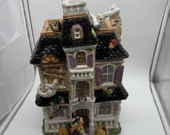 Tarro para galletas de la cosecha de Halloween de Fitz and Floyd, coleccionable de la casa embrujada/cosecha de Halloween.