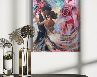Origineel acrylolieverfschilderij: gestolen moment, romantische bloemendans, 18 x 24 inch