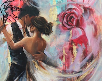 Original Acrylic Oil Painting: Stolen Moment, Romantic Floral Dance, 18x24 inches
