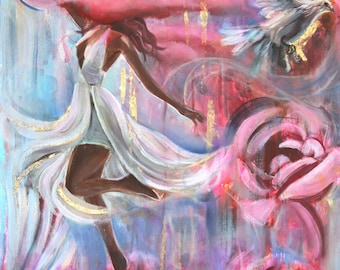 Dipinto originale ad olio acrilico: Lei sogna tra le nuvole, 18x24 pollici