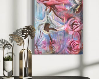 Original Acrylic Oil Painting: She Dreams in Clouds, 18x24 inches