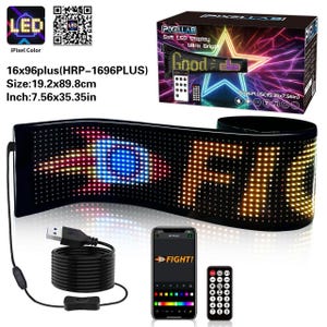 May include: A flexible LED display with a black frame, displaying colorful animated text and graphics. The display measures 7.56 x 35.35 inches and includes a USB cable, remote control, and a smartphone app for customization.