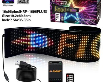 May include: A flexible LED display with a black frame, displaying colorful animated text and graphics. The display measures 7.56 x 35.35 inches and includes a USB cable, remote control, and a smartphone app for customization.