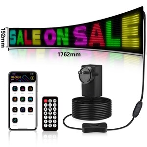 May include: A curved LED sign displaying "SALE ON SALE" in colorful pixels, measuring 192mm high and 1762mm wide. Includes a remote control, a smartphone with an app interface, and a power adapter.