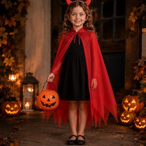 May include: A red sheer cape with a tie closure at the neck, paired with a red devil horn headband, a black dress, and a plastic orange jack-o'-lantern bucket. The cape features a jagged hemline and is worn over a simple black dress.