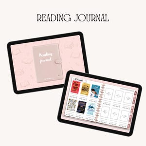 Può includere: Due tablet digitali che mostrano un diario di lettura. Uno mostra un diario rosa con le parole "Reading Journal". L'altro tablet mostra una pagina di diario con copertine di libri e stelle di valutazione. Lo sfondo è rosa chiaro.