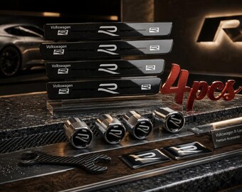 Novo conjunto de protetores de soleira de porta R Line *4 + *4 tampas de válvula de pneu prateadas R para Golf, Tiguan, T-Cross, Polo e Toua MK4, MK5, MK6, MK7 e MK8.