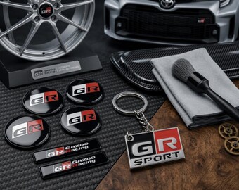 Conjunto de 4 calotas GR Gazoo Racing Toyota GR novas + 2 adesivos GR + chaveiro GR para Corolla, Yaris, GR86, Supra, Huilex e Rav4.