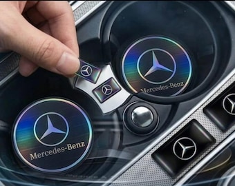 Brand new *2 Mercedes Benz Coaster drink holder Mat set + *2 Mercedes Benz badge sticker Decal Set Interior Exterior Emblem Badges