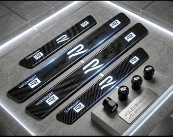 Gloednieuwe R Line *4 Instaplijsten Scuff Guard Set + *4 R Ventieldopjes MK4 MK5 MK6 MK7 MK8 Golf Tiguan T-cross Polo Touar