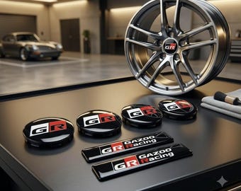 Conjunto de 4 calotas GR Gazoo Racing + 2 adesivos GR para Toyota GR (Corolla, Yaris, GR86, Supra, Huilex, Rav4)