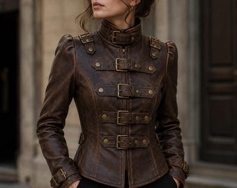 May include: A dark brown leather jacket featuring a high collar with a buckle, four horizontal front straps with brass-toned buckles and studs, puff shoulders, and buckled cuffs. The jacket has a distressed finish and is paired with black trousers.