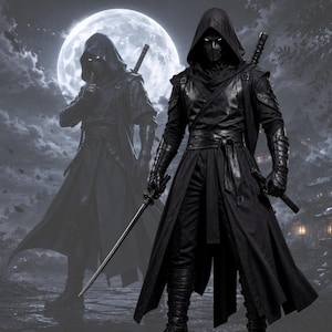 May include: Two figures dressed in black hooded cloaks and tactical gear, each carrying a katana sword. The outfits feature layered fabric, belts, and dark masks. A large, bright full moon illuminates the scene, casting a glow on the dark attire.