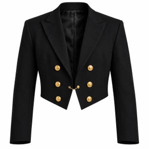 May include: A black cropped blazer featuring long sleeves, a notched lapel, and a double-breasted front closure. The garment is adorned with six polished gold-tone buttons arranged in two vertical rows, connected by a delicate gold metal chain.