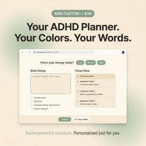 Custom ADHD Planner: Personalized Productivity Tool, Focus Timer, Journal Prompts (Digital)