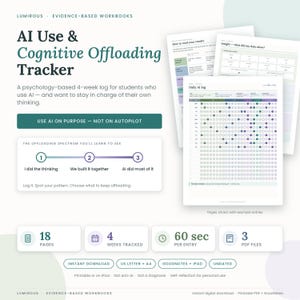 May include: An AI Use & Cognitive Offloading Tracker workbook featuring a 4-week log, an offloading spectrum diagram, and instructional pages. The digital document includes 18 pages, 4 weeks of tracking, 60-second entries, and 3 PDF files for download.
