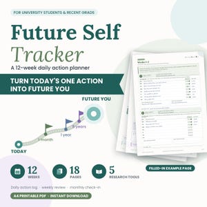 May include: A 12-week daily action planner titled Future Self Tracker for university students and recent grads. The planner includes a timeline graphic, 18 pages, 5 research tools, and a filled-in example page. It is an A4 printable PDF.