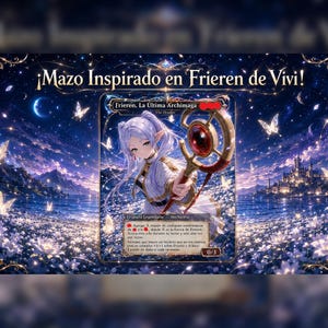 May include: A fantasy card featuring an anime-style character with long purple hair, holding a staff with a red orb. The card has text in Spanish, with a starry night background, butterflies, and a castle.