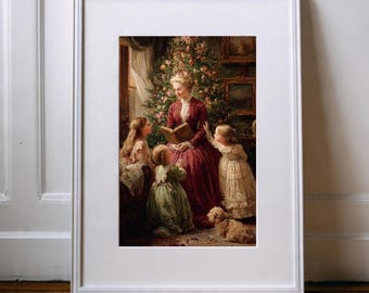 Vintage Victorian Christmas Family Wall Art Set Mother Children Christmas Tree Digital Download