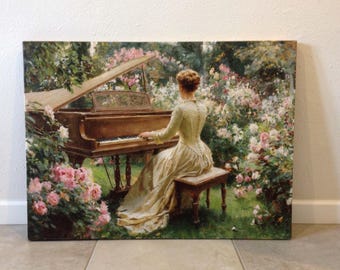 Victorian Woman Playing Piano Wall Art Vintage Garden Poster Printable Digital Download Moody Floral