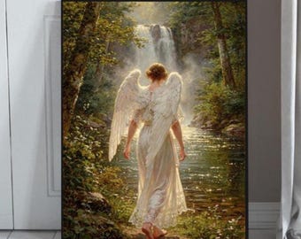 Vintage Angel Waterfall Wall Art Guardian Seraphim Poster Printable Digital Download Spiritual Oil Painting