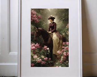 Victorian Equestrian Woman Horse Art Print: Romantic Garden Painting (Digital Download)